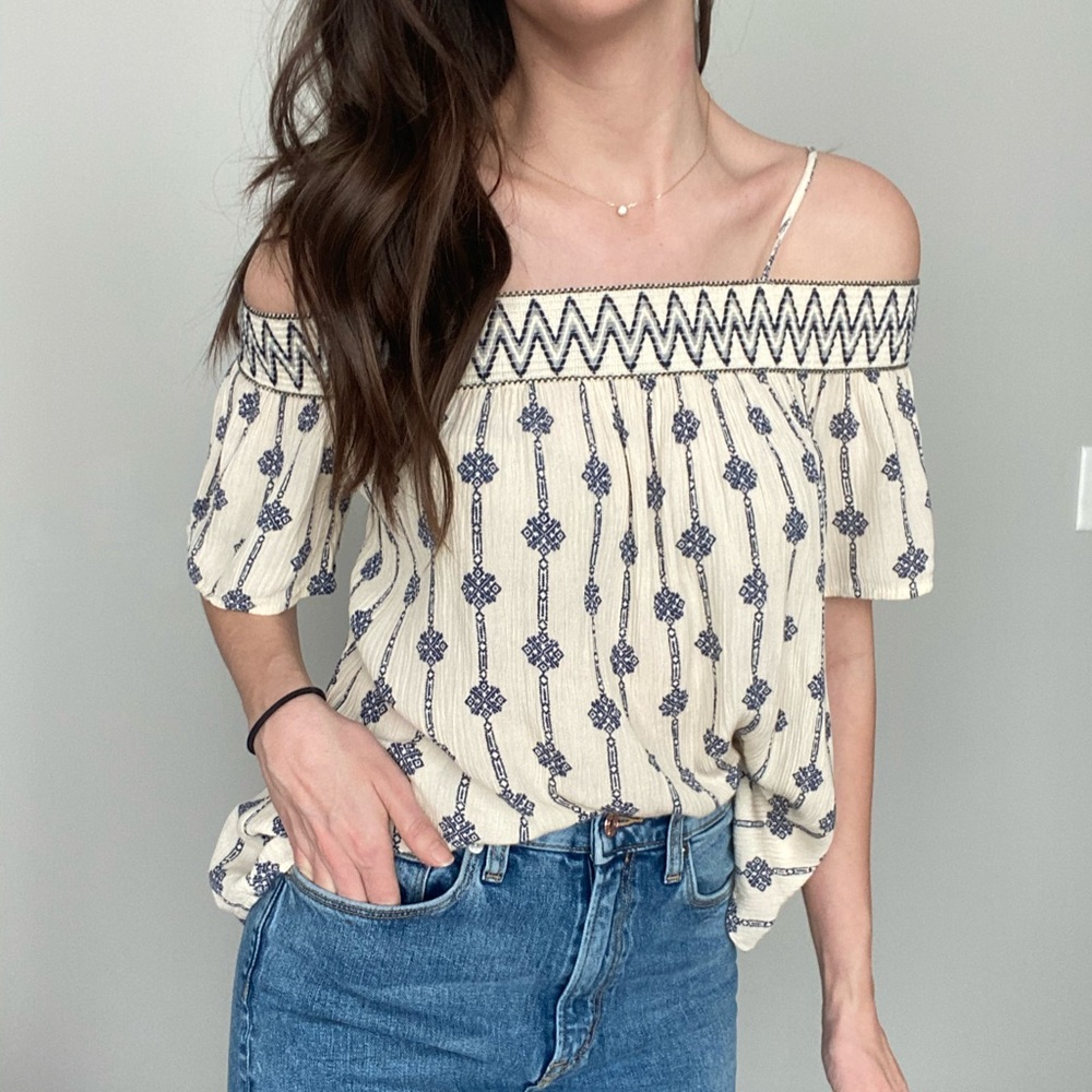 Boho Cream and Blue Off-Shoulder Blouse
